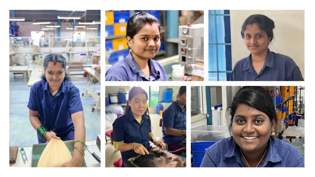 Ethical hair extension production: women in India working in a clean and safe environment.