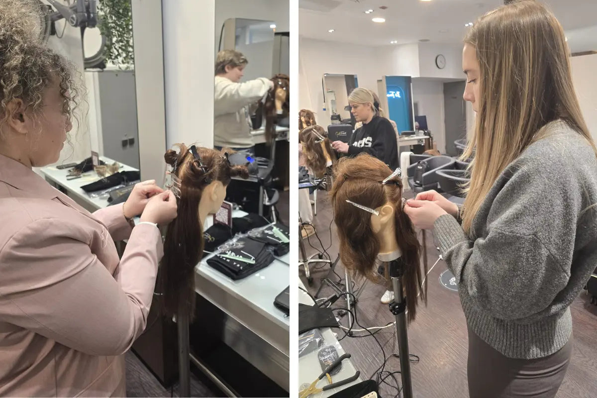 Stylist at Trevor Sorbie Hampstead applying Gold Fever hair extensions during training