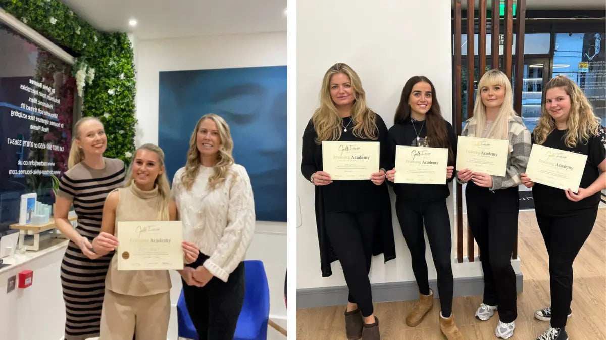 Group photo of five smiling stylists holding their Gold Fever certificates after completing the 3-Day Hair Extension Mastery course.